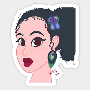 Girl with the Peacock Feather Earrings and Butterfly Bow Sticker